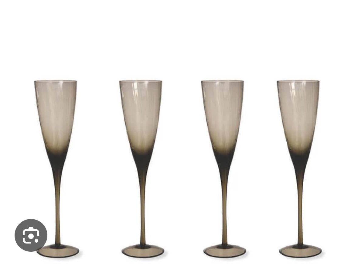 Set of 4 Ribbed Smoke Grey Champagne Flutes