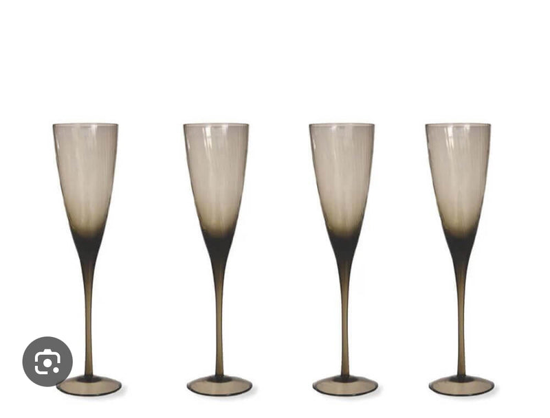 Set of 4 Ribbed Smoke Grey Champagne Flutes