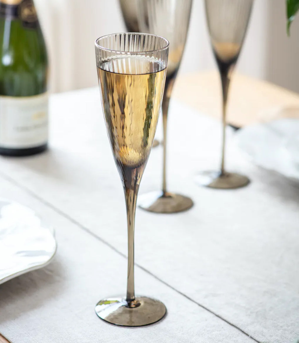 Set of 4 Ribbed Smoke Grey Champagne Flutes
