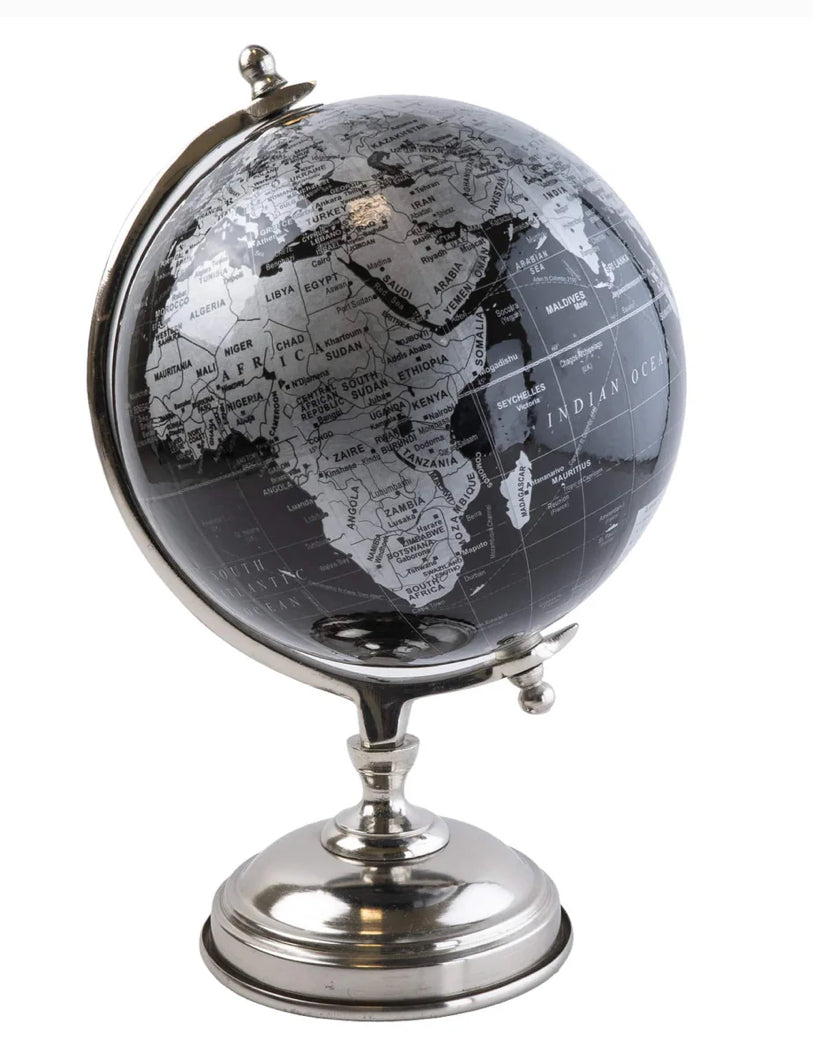 Large Globe on Metal Stand Black and Silver