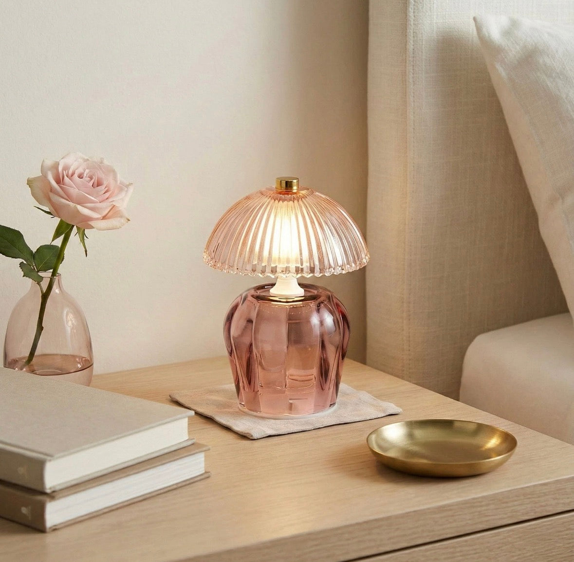 Vintage Ridged Glass LED Table Lamp - Pink