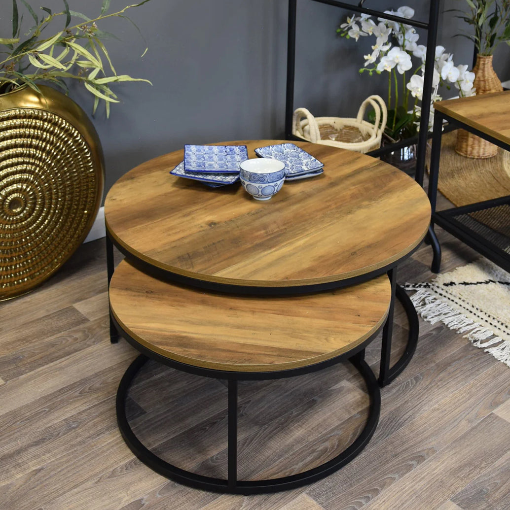 Set of 2 Nested Round Coffee Table - Wood with Metal Frame