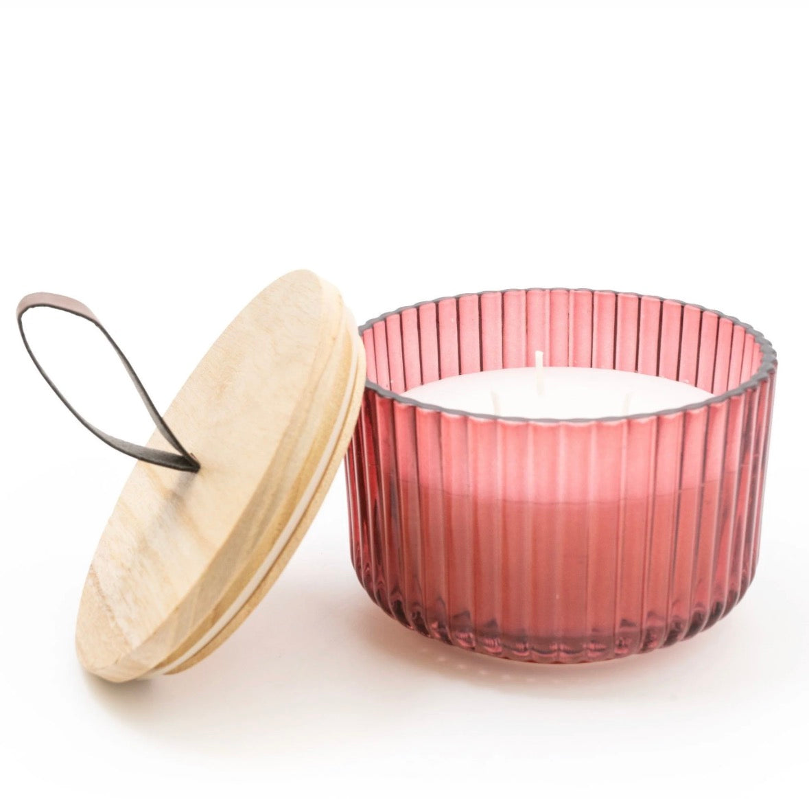 Red Ridged Glass Jar with Wooden Lid Pomegranate & Cassis Scent 9cm